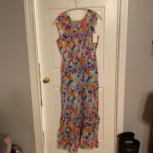 Banjanan Floral Maxi Dress in Light Blue with Pink and Orange Flowers